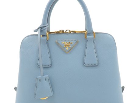 PRADA Triangle Logo Saffiano Leather Hand Bag Light Blue For Sale