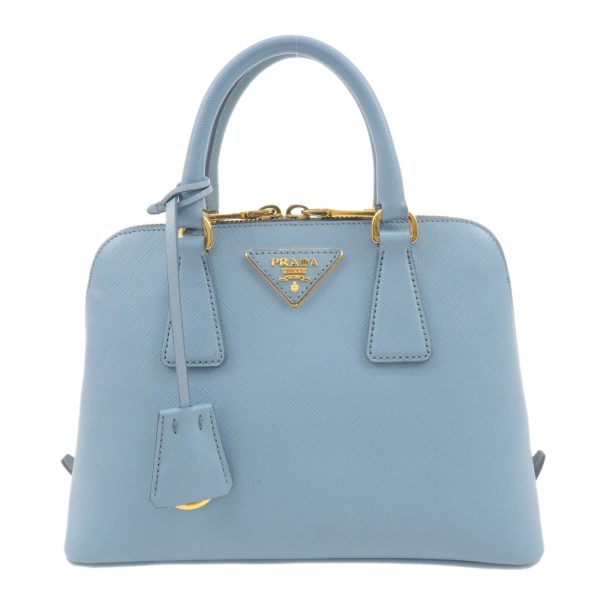 PRADA Triangle Logo Saffiano Leather Hand Bag Light Blue For Sale