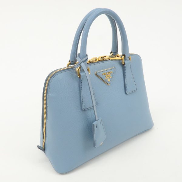 PRADA Triangle Logo Saffiano Leather Hand Bag Light Blue For Sale