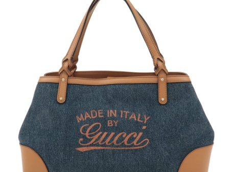 GUCCI Craft Denim Leather Tote Bag Hand Bag Navy Brown 348715 Sale