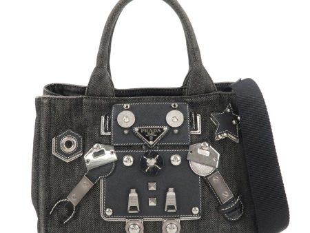 PRADA Logo Canapa Mini 2 Way Denim Canvas Hand Bag Black 1BG439 For Sale