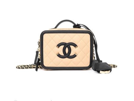 Chanel Quilted Small CC Filigree Vanity Case Black Beige Caviar Gold Hardware Online Sale