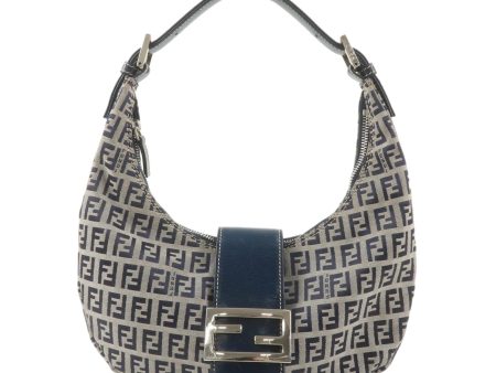 FENDI Zucchino Canvas Leather Shoulder Bag Navy Grey Supply