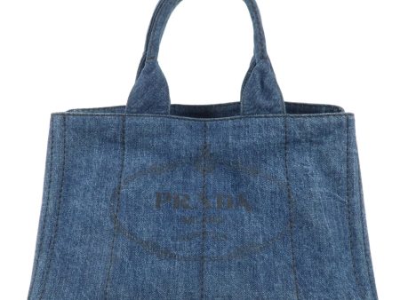 PRADA Logo Canapa Denim Hand Bag Tote Bag Denim Blue Discount