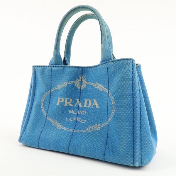 PRADA Logo Canapa Mini Canvas Tote Bag Hand Bag Blue Cheap