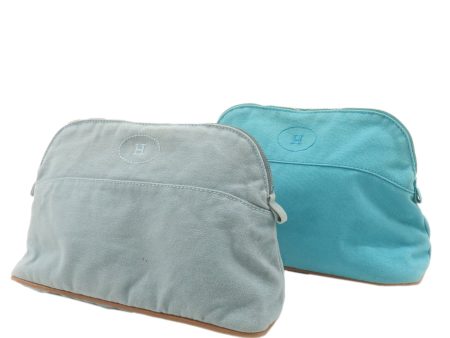 HERMES Set of 2 Canvas Bolide Leather Pouch MM Blue Brown Hot on Sale