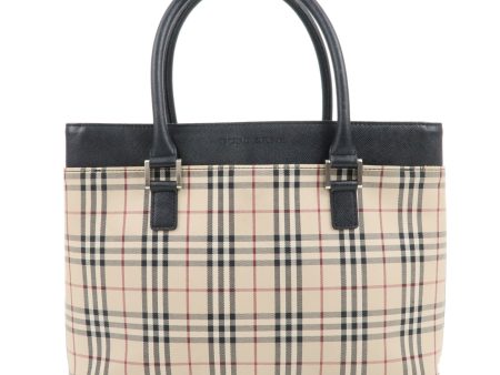 BURBERRY Nova Plaid Canvas Leather Hand Bag Beige Brown For Sale