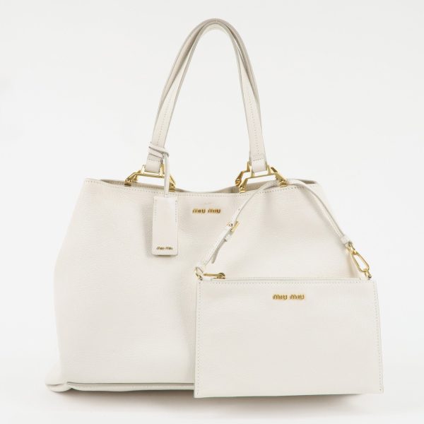 MIU MIU Logo Leather Tote Bag Shoulder Bag White 5BG002 Online