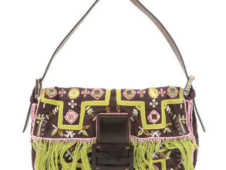 FENDI Mamma Baguette Canvas Leather Embroidery Shoulder Bag 26424 For Cheap