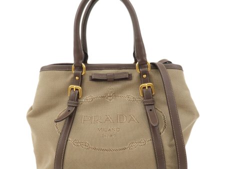 PRADA Logo Jacquard Leather 2Way Hand Bag Beige Brown BN1841 Online now